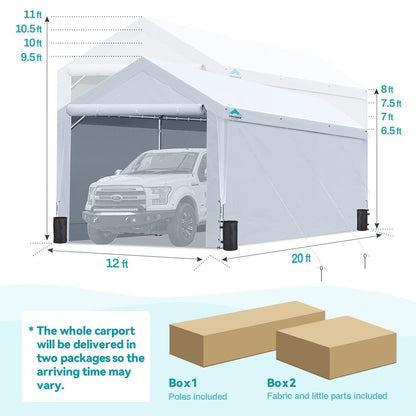 ADVANCE OUTDOOR Abri d'auto robuste de 12 x 20 pieds avec parois latérales et portes, hauteur réglable de 9,5 à 11 pieds, auvent de voiture, garage, tente de fête, abri de bateau, 8 poteaux renforcés, 4 sacs de sable, blanc (017W-2) avec paroi latérale 