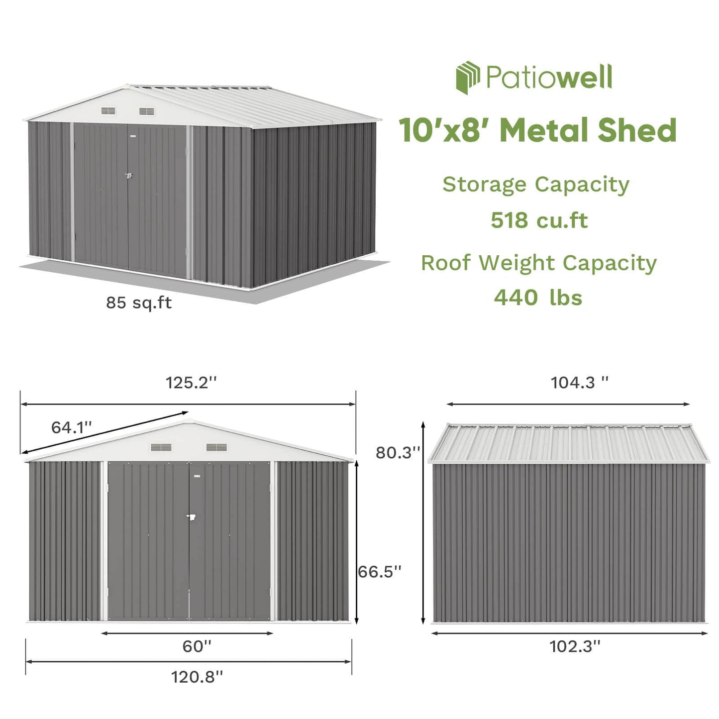 Patiowell Abri de rangement extérieur de 3 x 2,4 m, grand abri de jardin en métal avec toit incliné et double porte verrouillable, abri extérieur pour jardin, terrasse, pelouse, gris 3 m x 2,4 m 