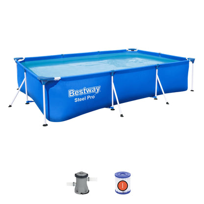 Bestway Steel Pro 9.8' x 6.6' x 26" Rectangular Steel Frame Above Ground Outdoor Backyard Swimming Pool Set with 330 GPH Filter Pump 118" x 79" x 26"