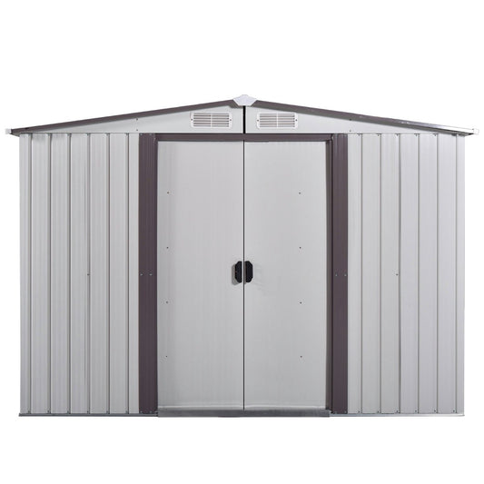 NBTiger Grand abri de rangement extérieur de 2,4 x 2,4 m, outil utilitaire robuste, organisateur d'équipement de tondeuse à gazon pour jardin avec toit à pignon, porte coulissante verrouillable, cadre de sol, aérations – Blanc 