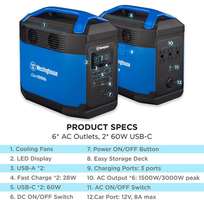 Centrale électrique portable et générateur solaire à charge rapide Westinghouse 1008Wh 3000 watts de crête 