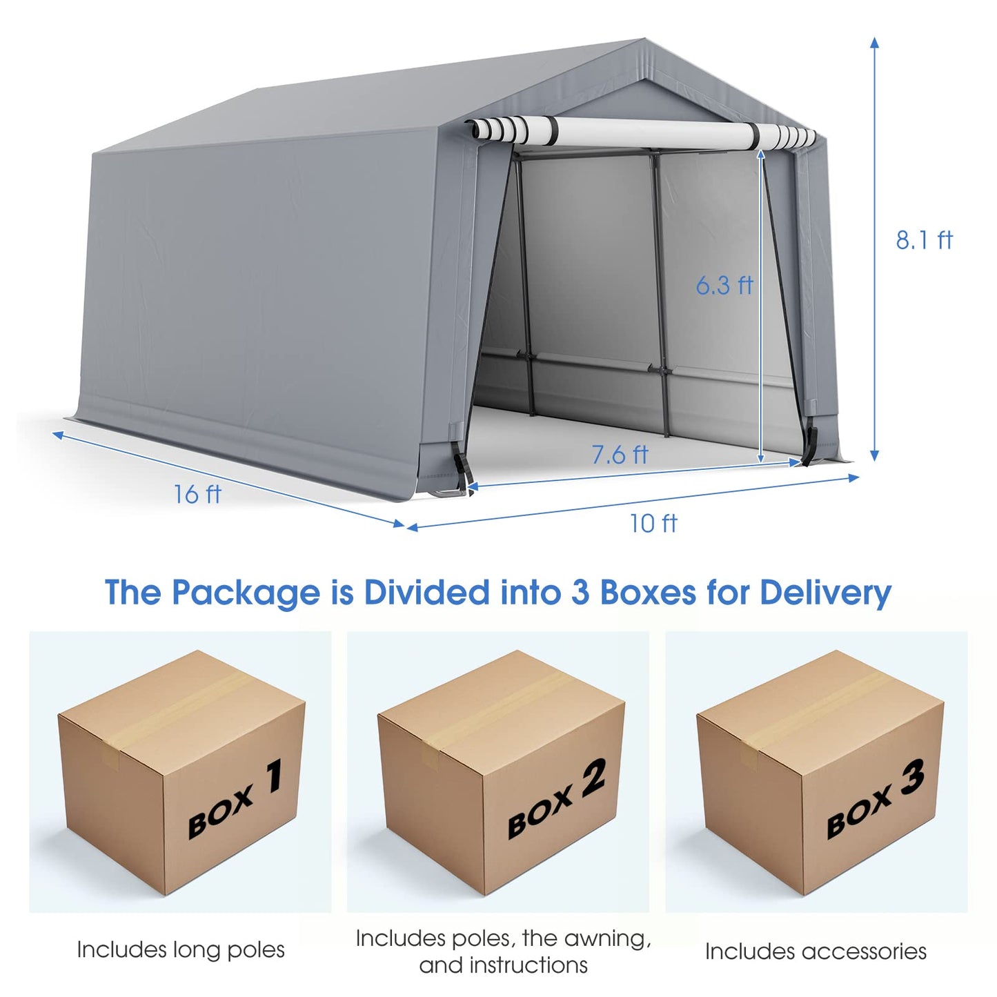 Tangkula Abri de voiture robuste de 3 x 4,9 m, garage portable extérieur avec poutres triangulaires renforcées, cadre en acier galvanisé, auvent de voiture en métal toutes saisons avec 2 portes amovibles pour voiture, camion, SUV, bateau 