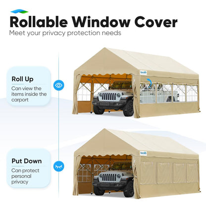 Quictent 13'X20' Heavy Duty Anti-Snow Carport Car Canopy Retractable Carport Tent Car Port Garage Outdoor Boat Shelter with Removable Window Sidewall-Khaki With Sidewall-Khaki