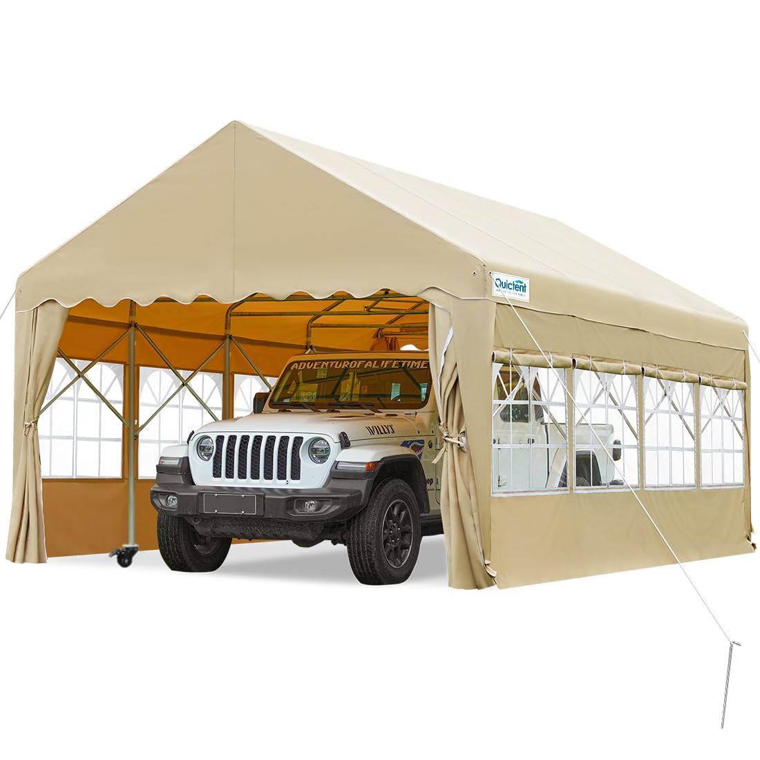 Quictent 13'X20' Heavy Duty Anti-Snow Carport Car Canopy Retractable Carport Tent Car Port Garage Outdoor Boat Shelter with Removable Window Sidewall-Khaki With Sidewall-Khaki