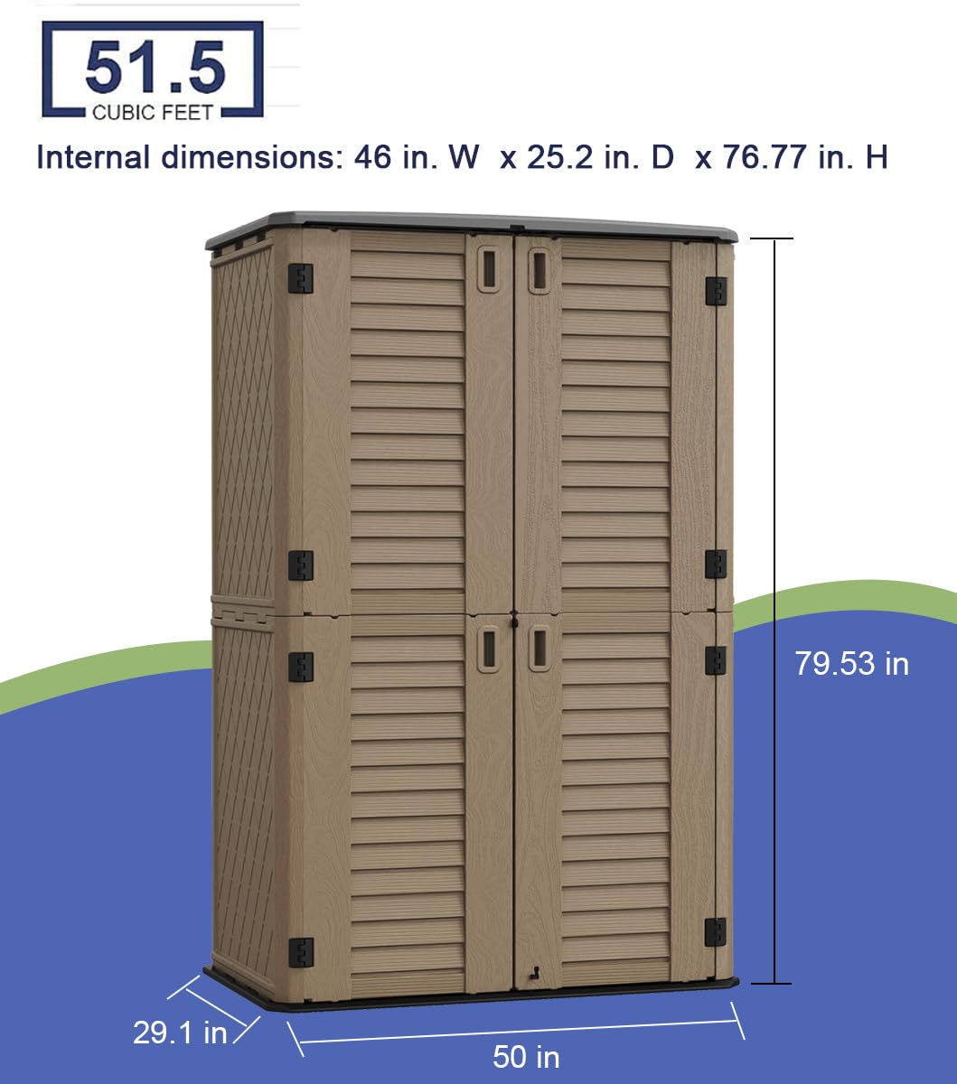 KINYING Abri de rangement extérieur étanche, armoire de rangement extérieure verticale en résine pour meubles de patio, outils de jardin, accessoires de piscine, rangement pour tondeuse (52 pieds cubes, marron foncé) Marron foncé-03C 