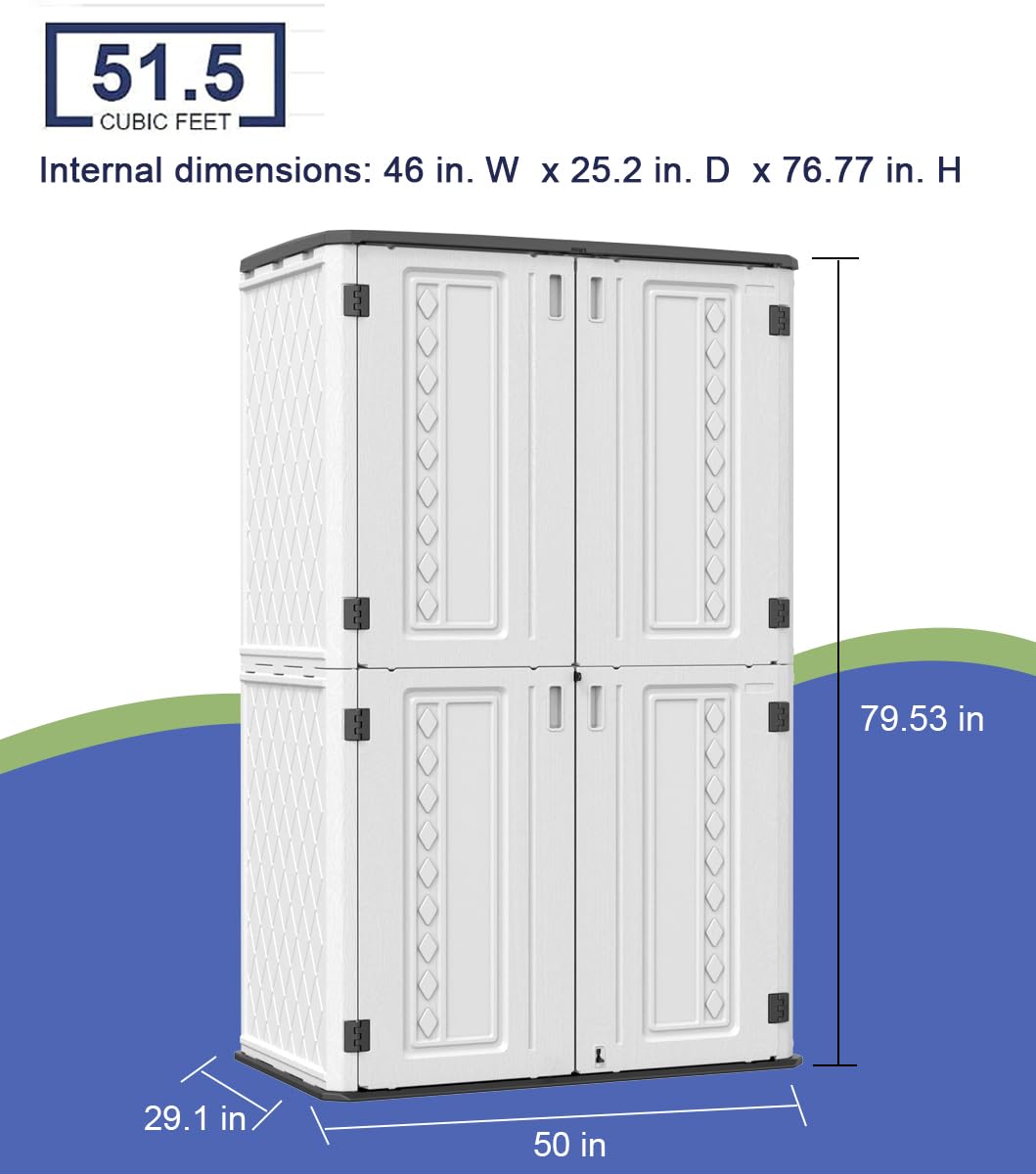 Outdoor Storage Shed,KINYING Outdoor Storage Cabinet Waterproof with Double Doors,52 Cu.ft Resin Vertical Tool Shed for Garden,Patio,Backyard,4×2.5×6.6 FT Off White Shed-04D