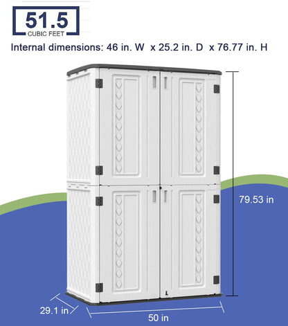 Outdoor Storage Shed,KINYING Outdoor Storage Cabinet Waterproof with Double Doors,52 Cu.ft Resin Vertical Tool Shed for Garden,Patio,Backyard,4×2.5×6.6 FT Off White Shed-04D