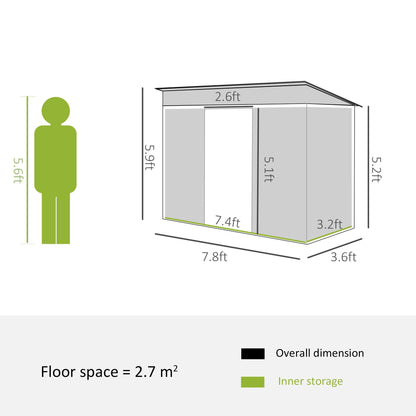 Outsunny Abri de rangement extérieur en métal de 2,4 x 1,2 m, organiseur de rangement pour outils de jardin avec portes coulissantes, serrure et 2 aérations, pour jardin, terrasse, pelouse, gris 2,4 x 1,2 m 