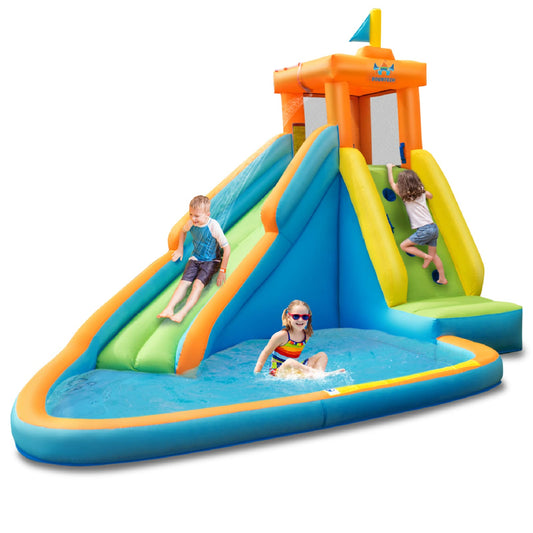 HONEY JOY Inflatable Water Slide, Giant Water Park Castle Bouncy House for Backyard, Climbing Wall, Splash Pool, Outdoor Blow up Water Slides Inflatables for Kids and Adults(Without Blower) Without Blower