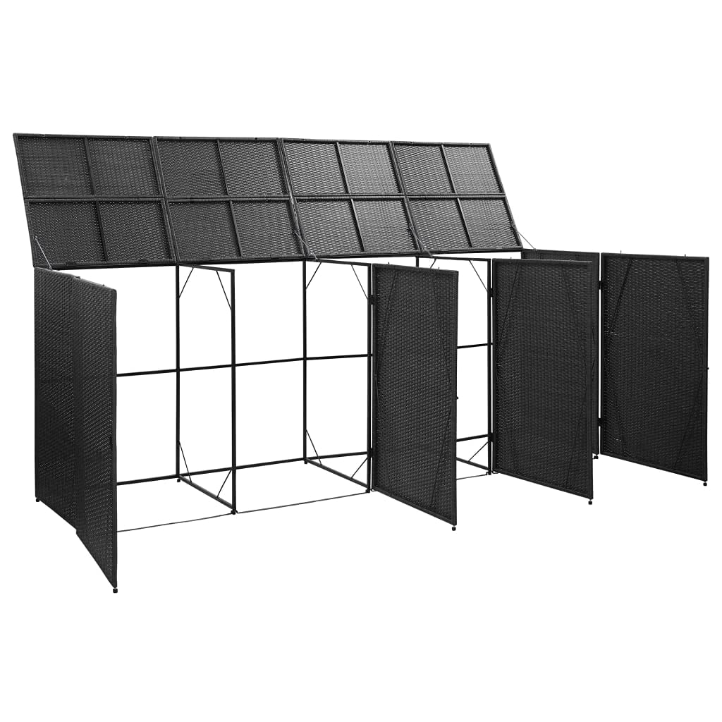 NusGear Quadruple Wheelie Bin Shed Black 120.1"x30.7"x47.2" Poly Rattan, Material: Poly Rattan, Powder-Coated Steel -737 120.1" x 30.7" x 47.2"