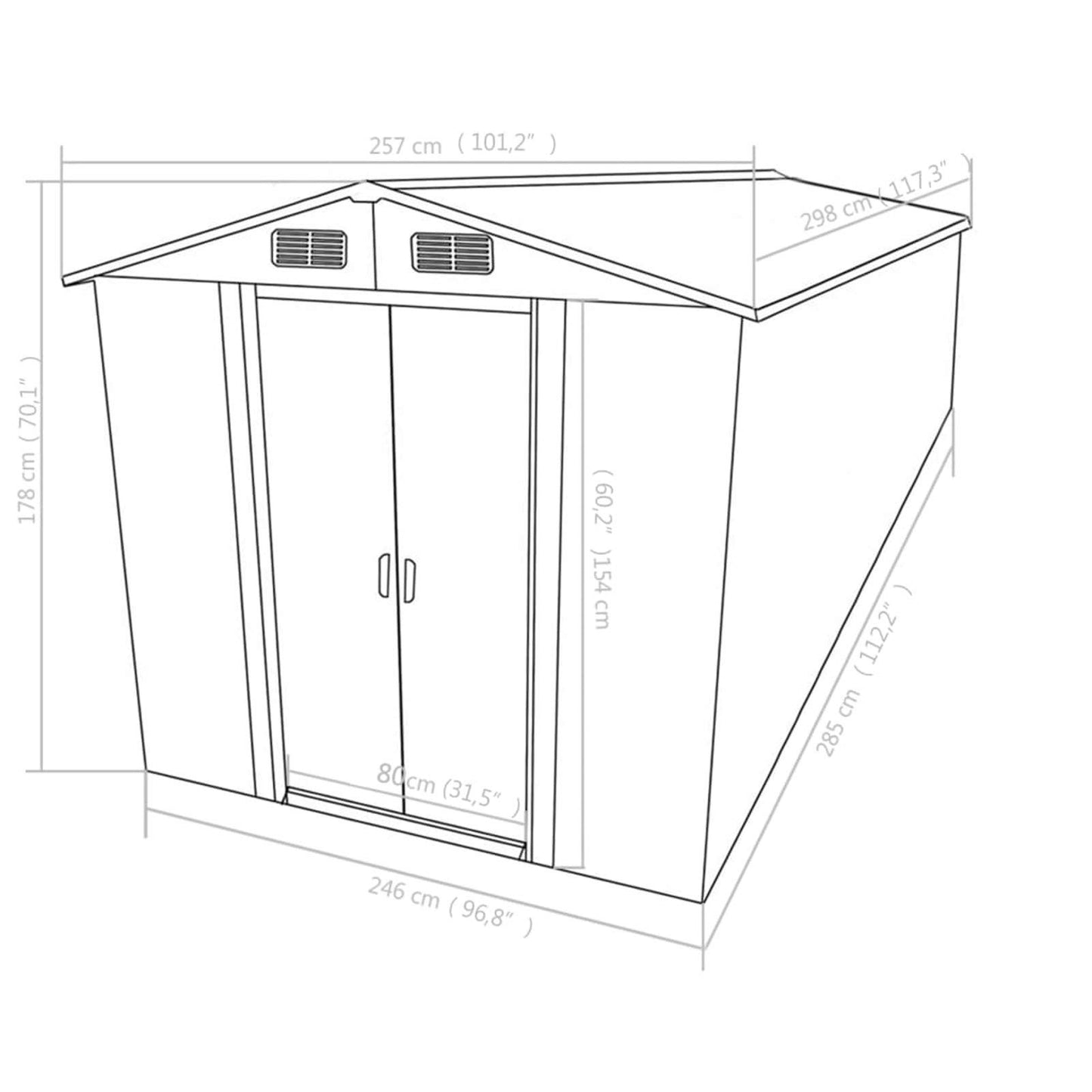 Bopdu Abri de jardin avec grille d'aération, abri de rangement extérieur en acier galvanisé avec porte pour jardin, terrasse, pelouse, 101,2" x 117,3" x 70,1", métal anthracite 101,2 x 117,3 x 70,1 