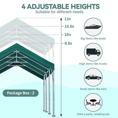 ADVANCE OUTDOOR Abri de voiture robuste de 12 x 20 pieds avec parois latérales et portes, hauteur réglable de 9,5 pieds à 11 pieds, auvent de voiture, tente de garage, abri de bateau avec 8 poteaux renforcés et 4 sacs de sable, vert vert 12'x20' 