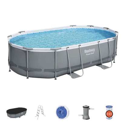 Bestway Power Steel 16' x 10' x 42" Rectangular Metal Frame Above Ground Swimming Pool Set with 1000 GPH Filter Pump, Ladder, and Pool Cover 16' x 10' x 42"