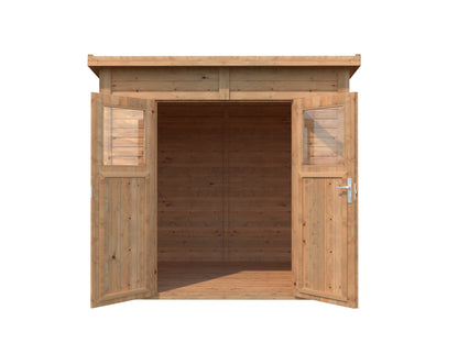 Leisure Season Urbano Kit d'abri de jardin moderne résistant aux intempéries avec sol, portes, fenêtres en plexiglas, toit en pente – Kit d'abri de jardin en bois d'épicéa nordique – Marron moyen, 2,4 x 1,8 m (URB8X69135) 