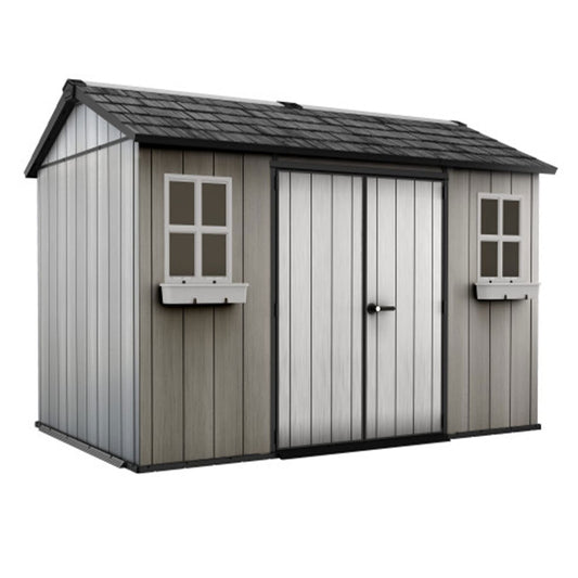 Keter Oakland 11’ X 7.5' Customizable Outdoor Resin Storage Shed - Perfect for Large Items and Durable Construction with Skylight and Victorian Style Windows Gray 11 x 7.5