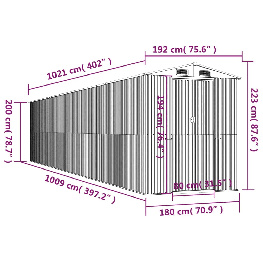 GOLINPEILO Abri de jardin extérieur en métal, grand hangar à outils utilitaire en acier, abri de jardin en acier avec doubles portes coulissantes, rangement utilitaire et outils, anthracite 75,6"x402"x87,8" 75,6"x402"x87,8" 