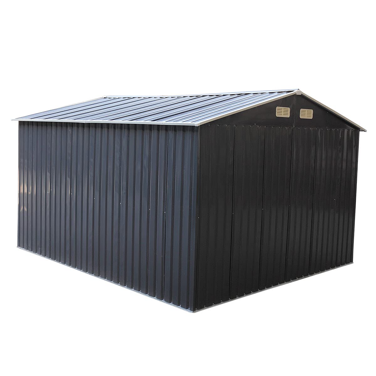 NBTiger Grand abri de rangement extérieur de 9,1 x 10,5 pi, outil utilitaire robuste, organisateur d'équipement de tondeuse à gazon pour jardin avec toit à pignon, porte coulissante verrouillable, aérations, cadre de sol – Gris foncé 