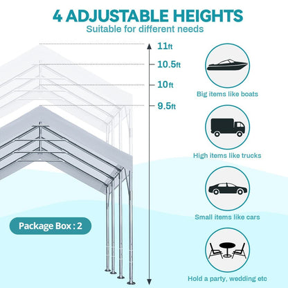 ADVANCE OUTDOOR Abri de voiture robuste de 12 x 20 pieds avec parois latérales et portes, hauteur réglable de 9,5 pieds à 11 pieds, auvent de voiture, garage, tente de fête, abri de bateau avec 8 poteaux renforcés et 4 sacs de sable, blanc 12'x20' 