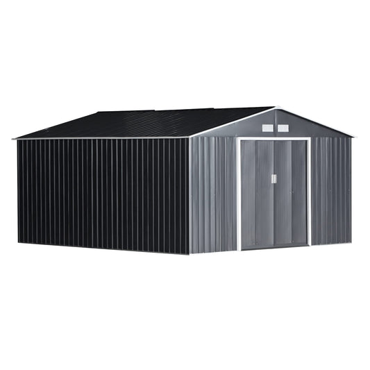 Outsunny 11.15'W x 12.5'D x 6.6'H Outdoor Backyard Garden Tool Shed with Double Sliding Doors, 4 Airy Vents, & Durable Steel, Dark Grey Gray 13' x 11'