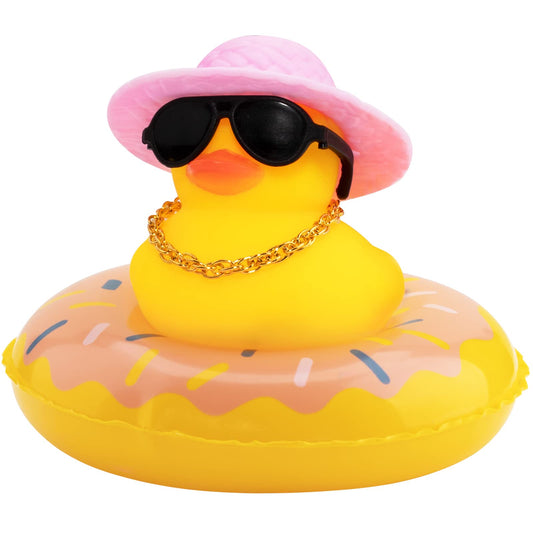 wonuu Canard en Caoutchouc de Voiture Décoration de Tableau de Bord de Voiture Ornement de Voiture pour Accessoires de Décoration de Tableau de Bord de Voiture avec Mini Bachelor Cap Collier et Lunettes de Soleil A-pink&amp;pink Donut Anneau de Bain