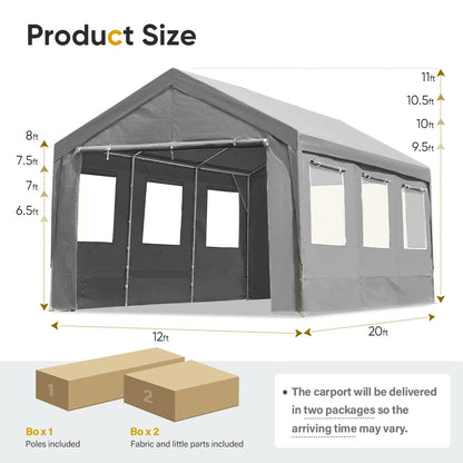 ADVANCE OUTDOOR Abri de voiture réglable robuste de 12 x 20 pieds avec 6 fenêtres ventilées enroulables et parois latérales amovibles, auvent de voiture, garage, abri de bateau, tente de fête, hauteur maximale de 9,5 pieds à 11 pieds, gris (020GY) 12'x20' 