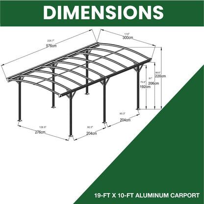 Hanovre 19 pieds. x 10 pieds. Abri d'auto à toit voûté en aluminium avec panneaux de toit en polycarbonate, HANCARPRT19X10-GRY Gris 19,3' x 10' Abri d'auto en aluminium 