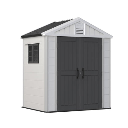 EAST OAK Abri de rangement extérieur en résine imperméable avec fenêtre, 152 pieds cubes, abri de maison extérieur pour meubles de patio, tondeuse à gazon, vélo, 7 × 4 × 8,2 pieds 