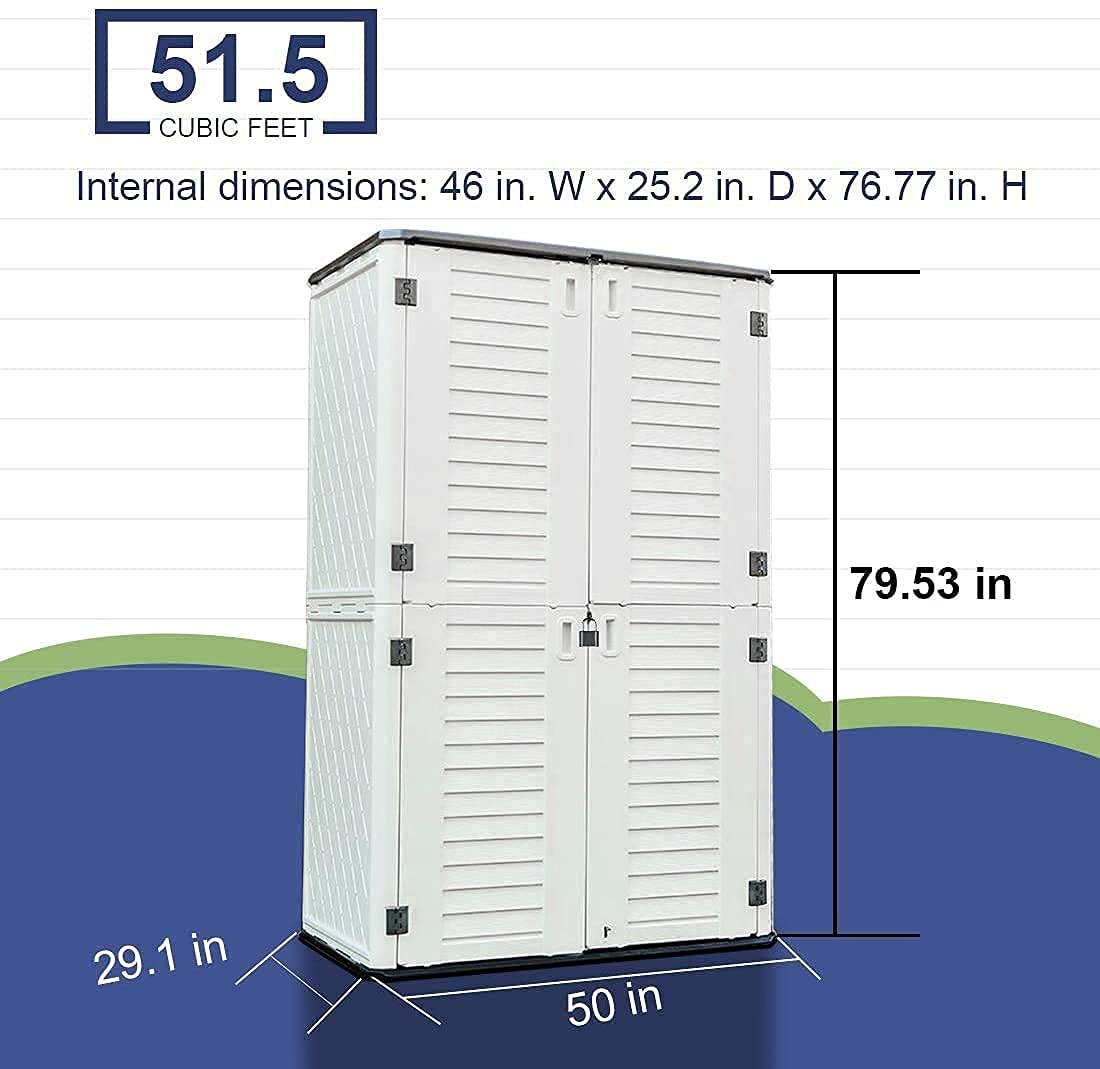 KINYING Abri de rangement extérieur étanche, armoire de rangement verticale en résine à double couche, polyvalente pour ranger les meubles de patio, les outils de jardin, les accessoires de piscine, la tondeuse (52 pieds cubes, blanc) Blanc crème-01A 