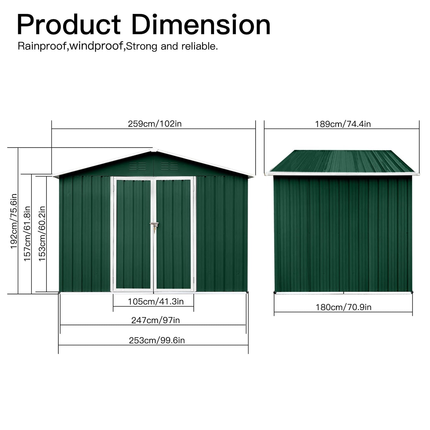 EMKK 8x6FT Outdoor Metal Storage Shed, Waterproof Galvanized Steel Storage House, Double Lockable Doors Tool Storage Shed with Sloping Roof and Lockable Door for Backyard, Patio and Lawn 8 x 6 FT Green White