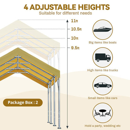 ADVANCE OUTDOOR Abri de voiture robuste de 12 x 20 pieds avec parois latérales et portes, hauteur réglable de 9,5 pieds à 11 pieds, auvent de voiture, garage, tente de fête, abri de bateau avec 8 poteaux renforcés et 4 sacs de sable, beige 12'x20' 