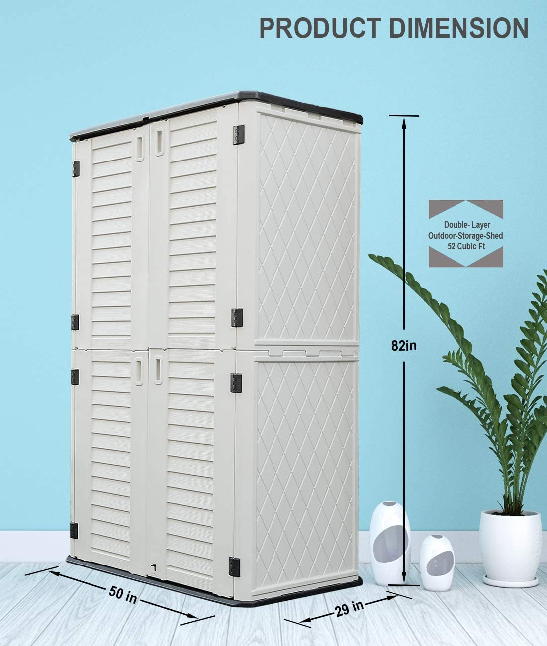 HOMSPARK Abri de rangement vertical résistant aux intempéries, armoire de rangement extérieure double couche polyvalente pour accessoires de jardin et de terrasse (50 po L x 29 po L x 82 po H, 52 pieds cubes) Toit gris, mur blanc crème, noir sol 