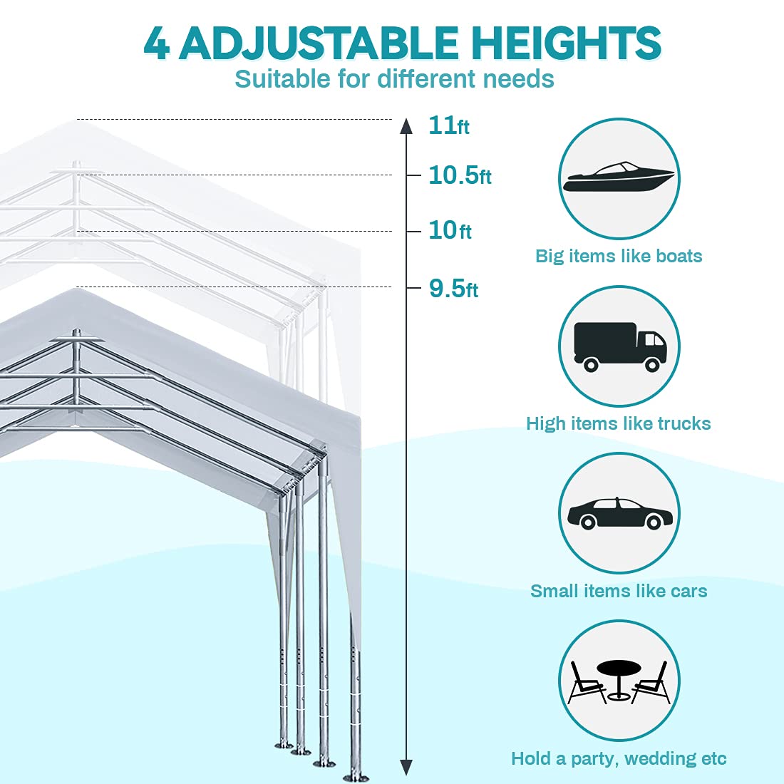 ADVANCE OUTDOOR 12x20 ft Heavy Duty Carport with Sidewalls and Doors, Adjustable Height from 9.5 to 11 ft, Car Canopy Garage Party Tent Boat Shelter 8 Reinforced Poles 4 Sandbags, White (017W-2) With Sidewall