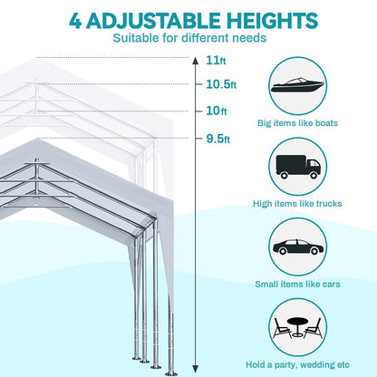 ADVANCE OUTDOOR Abri d'auto robuste de 12 x 20 pieds avec parois latérales et portes, hauteur réglable de 9,5 à 11 pieds, auvent de voiture, garage, tente de fête, abri de bateau, 8 poteaux renforcés, 4 sacs de sable, blanc (017W-2) avec paroi latérale 