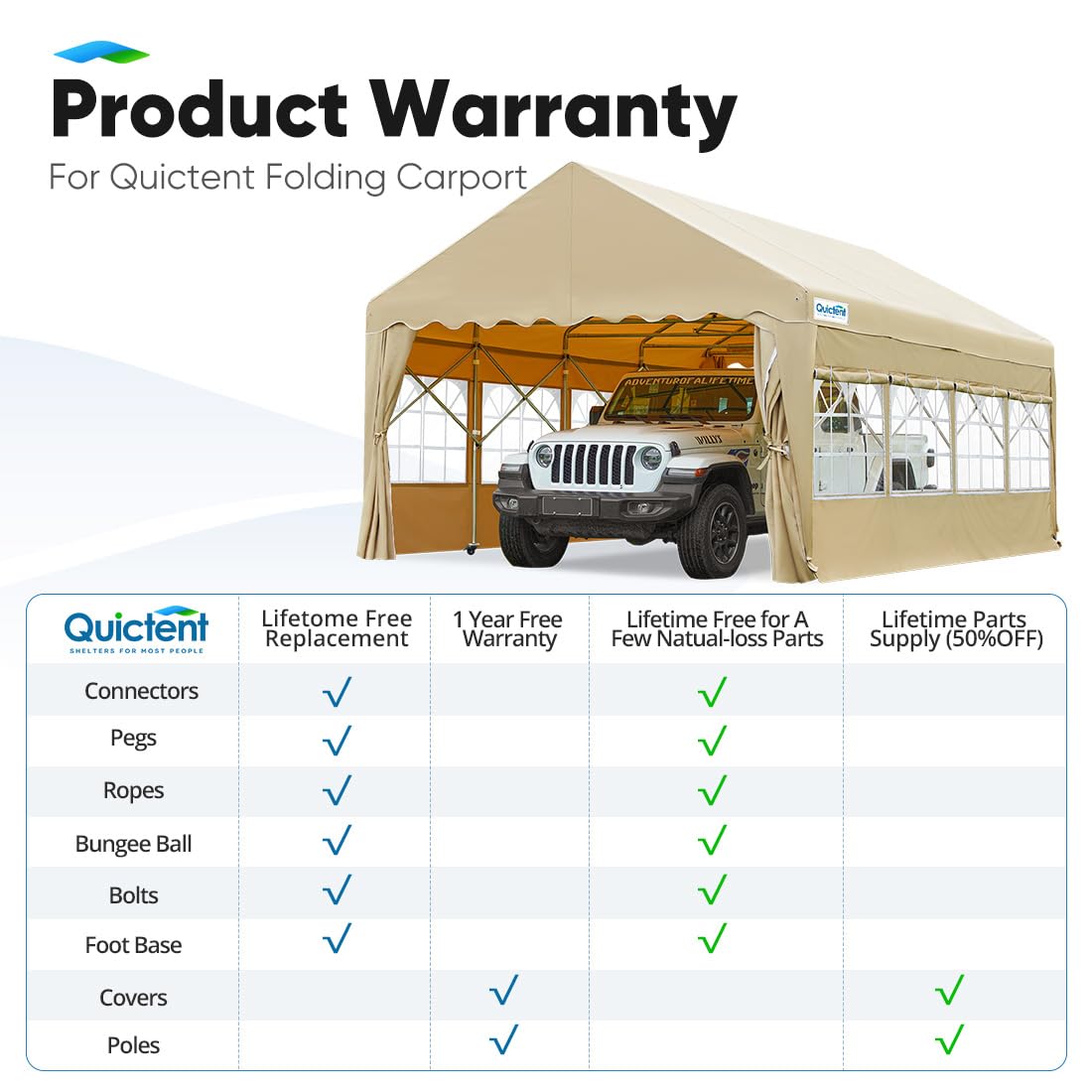 Quictent 13'X20' Heavy Duty Folding Carport Anti-Snow Carport Car Port Garage Movable Car Canopy Retractable Carport Tent Car Tent Outdoor Boat Shelter with Removable Window Sidewall-Khaki With Sidewall