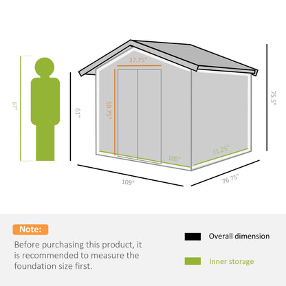 Outsunny Abri de rangement en métal 9' x 6', maison à outils de jardin avec doubles portes coulissantes, 4 bouches d'aération pour jardin, patio, pelouse marron 9' x 6' 