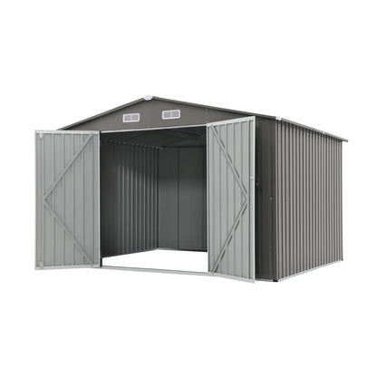 Verano Garden Abri de rangement extérieur de 3 x 2,4 m, abri de jardin en métal en acier galvanisé, double porte avec serrure, maison à outils de rangement extérieur pour jardin, patio, pelouse 2,4 x 3 m, gris 