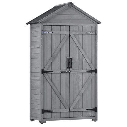 Outdoor Wooden Storage Cabinet Waterproof, Garden Tool Shed with 3-Tier Shelves, Outside Vertical Shed with 2 Double Doors & Adjustable Legs, Fir Wood, Lockable, Gray 35.4 x 22.4 x 69.3 Gray-3