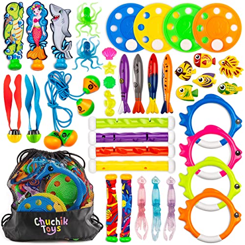 Chuchik Diving Toys, Swimming Pool Toys for Kids Includes 4 Diving Sticks, 4 Diving Rings, 6 Pirate Treasures, 3 Toypedo Bandits, 9 Fish Toys, 4 Octopus - Water Toys with a Storage Net Bag (40 Pack) 40 Pack