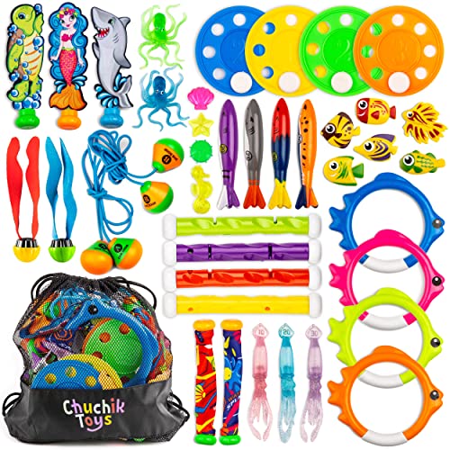 Jouets de plongée Chuchik, jouets de piscine pour enfants comprenant 4 bâtons de plongée, 4 anneaux de plongée, 6 trésors de pirates, 3 bandits Toypedo, 9 jouets de poisson, 4 pieuvres - jouets aquatiques avec un sac de rangement (lot de 40) Lot de 40