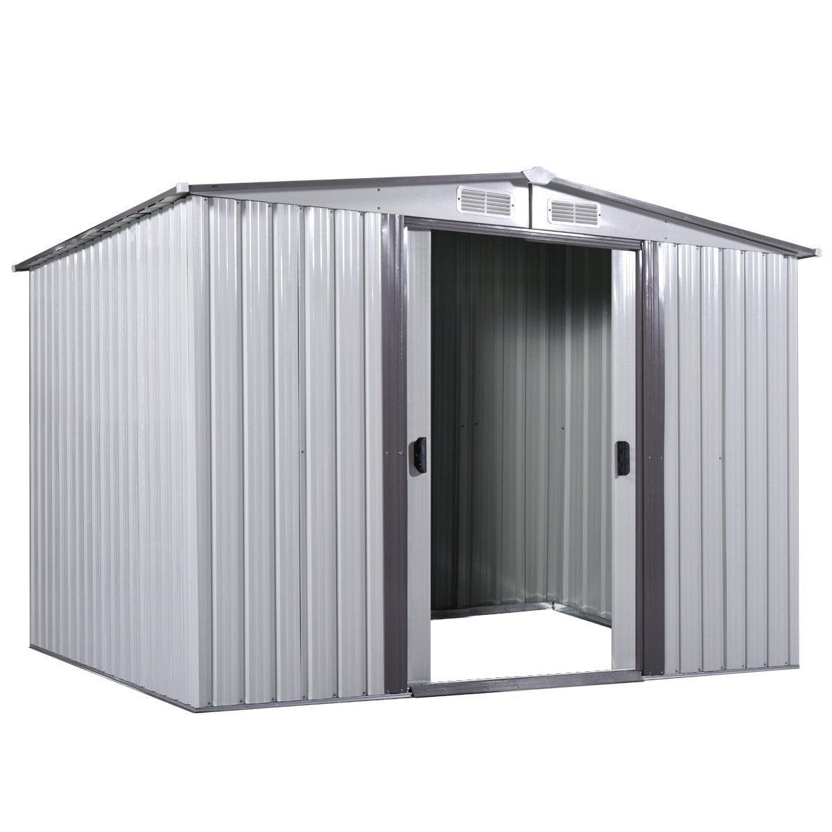 NBTiger Grand abri de rangement extérieur de 2,4 x 2,4 m, outil utilitaire robuste, organisateur d'équipement de tondeuse à gazon pour jardin avec toit à pignon, porte coulissante verrouillable, cadre de sol, aérations – Blanc 