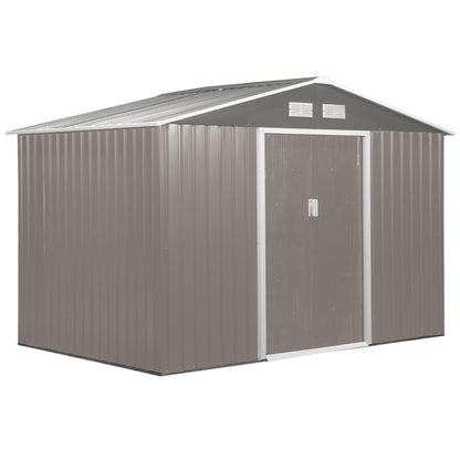 Outsunny Abri de rangement en métal 9' x 6', abri de jardin avec fondation au sol, doubles portes coulissantes, 4 bouches d'aération pour jardin, patio, pelouse, gris 9' x 6' 