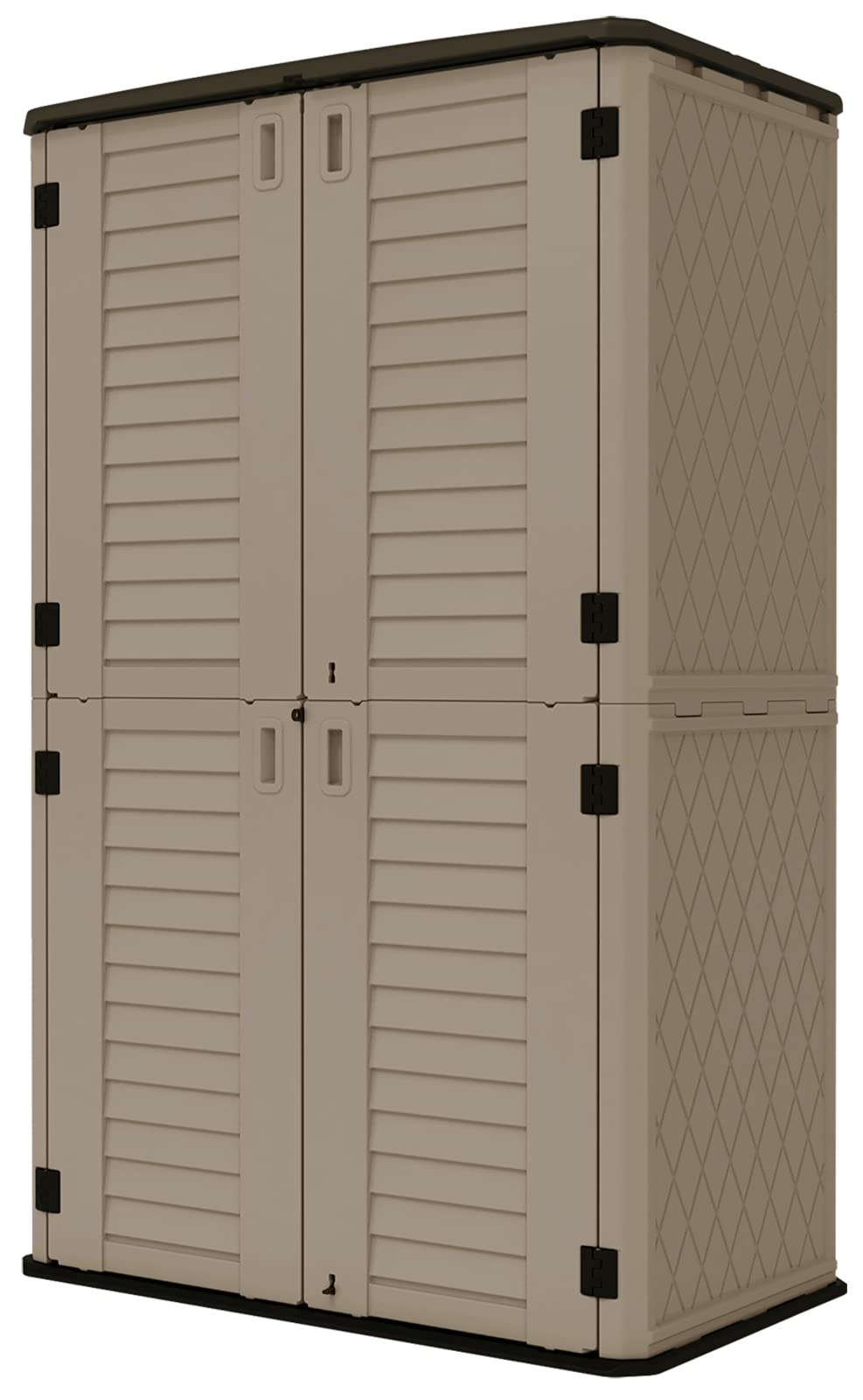 HOMSPARK Abri de rangement extérieur vertical résistant aux intempéries, abri de jardin en résine de 52 pieds cubes avec portes verrouillables, armoire de rangement extérieure double couche pour cour, jardin, patio, toit gris pelouse, mur marron, sol noir 