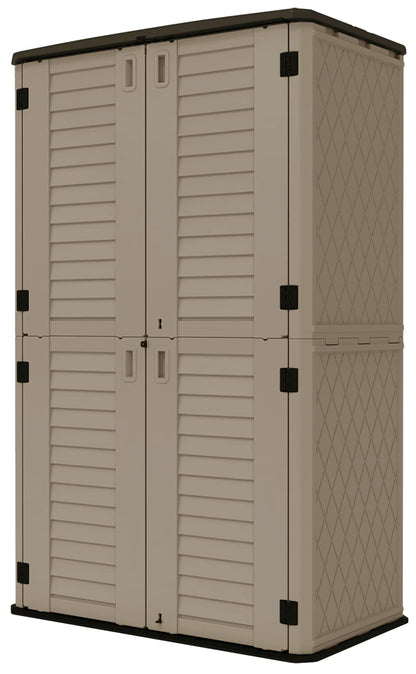 HOMSPARK Abri de rangement extérieur vertical résistant aux intempéries, abri de jardin en résine de 52 pieds cubes avec portes verrouillables, armoire de rangement extérieure double couche pour cour, jardin, patio, toit gris pelouse, mur marron, sol noir 