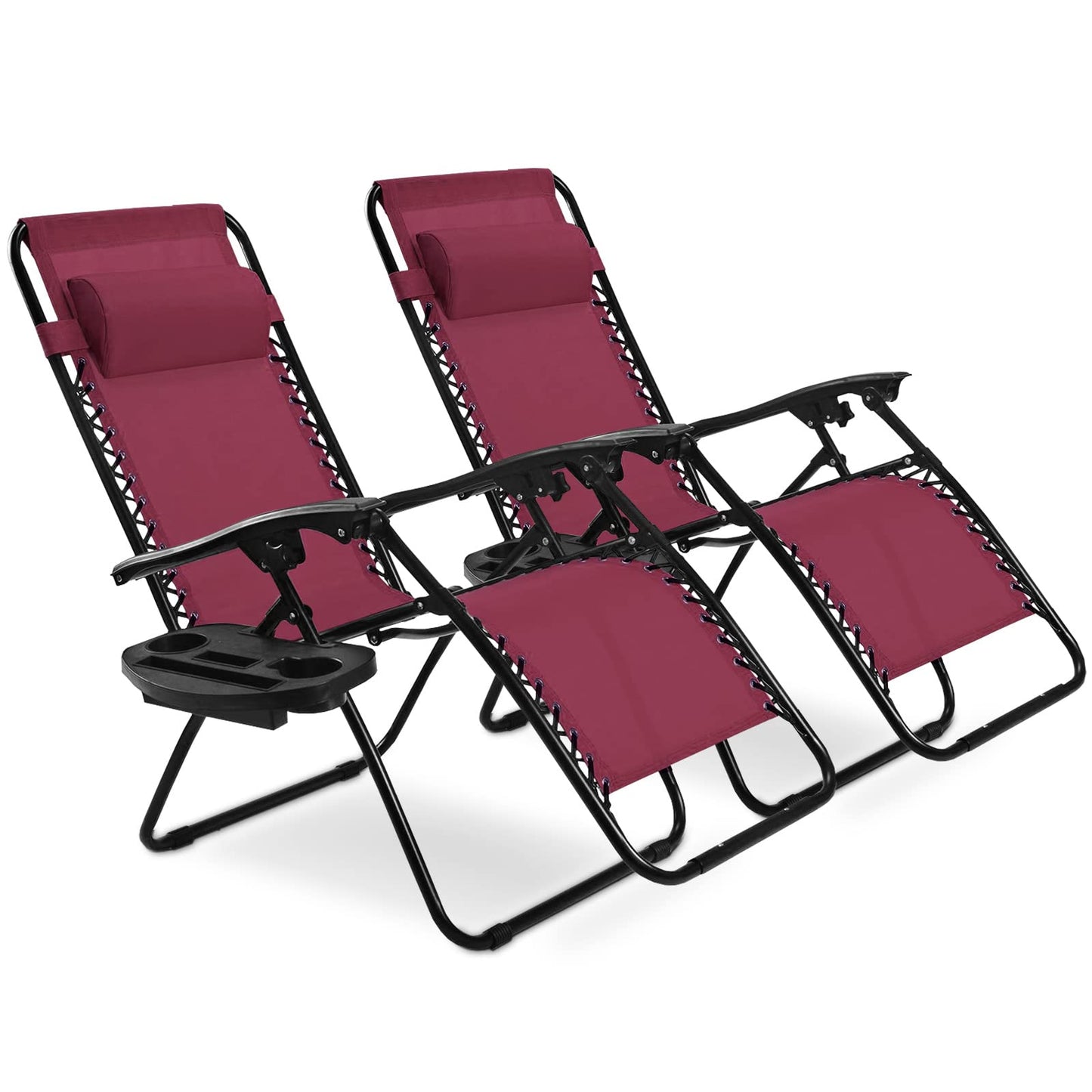 Goplus Zero Gravity Chair, Adjustable Folding Reclining Lounge Chair with Pillow and Cup Holder, Patio Lawn Recliner for Outdoor Pool Camp Yard (Set of 2, Wine) set of 2