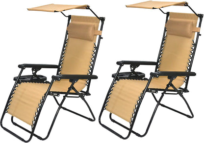 BTEXPERT CC5044BG-2 Chaise Zero Gravity Lounge Outdoor Pool Patio Beach Yard Garden Pare-soleil Plateau utilitaire Porte-gobelet Beige Two Case Pack (Lot de 2 pcs), Pièce, Tan avec auvent Deux pièces