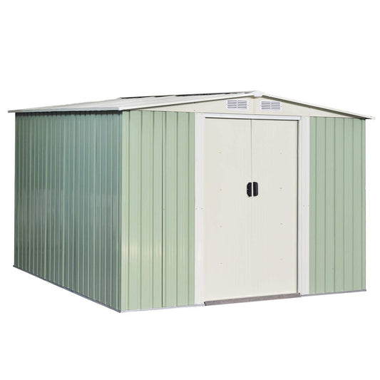 Goplus® Galvanized Steel Outdoor Storage Shed 8.5X 8.5Ft Heavy Duty Tool House W/Sliding Door for Garden Lawn(Light Green) Light Green