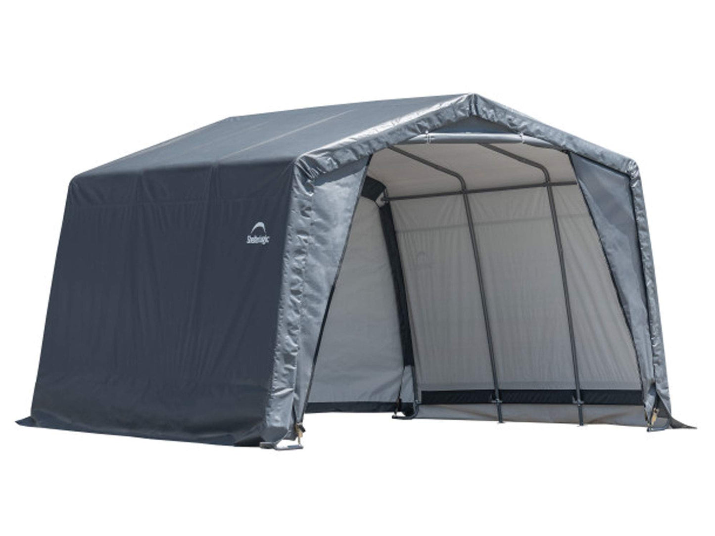 ShelterLogic Abri de rangement extérieur extra haut avec toit en métal en acier toutes saisons avec housse imperméable et ancrages à tarière réutilisables robustes 3,7 x 3,1 x 2,4 m, gris 