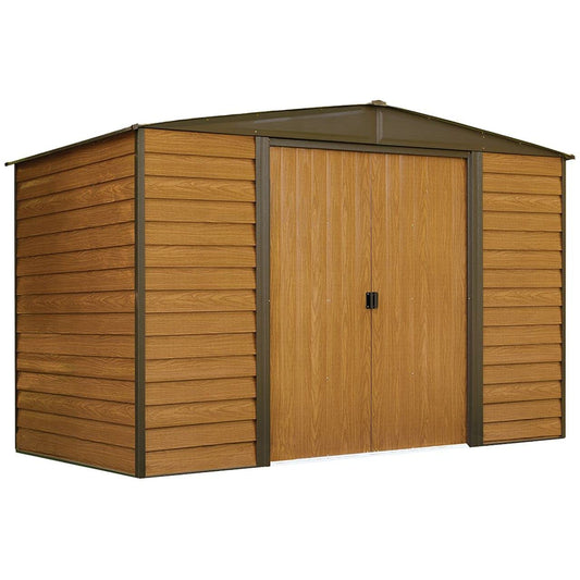 Arrow Shed WR106 Arrow Woodridge Pignon bas en acier, café/grain de bois, 10 x 6 pi, abri de rangement, marron 