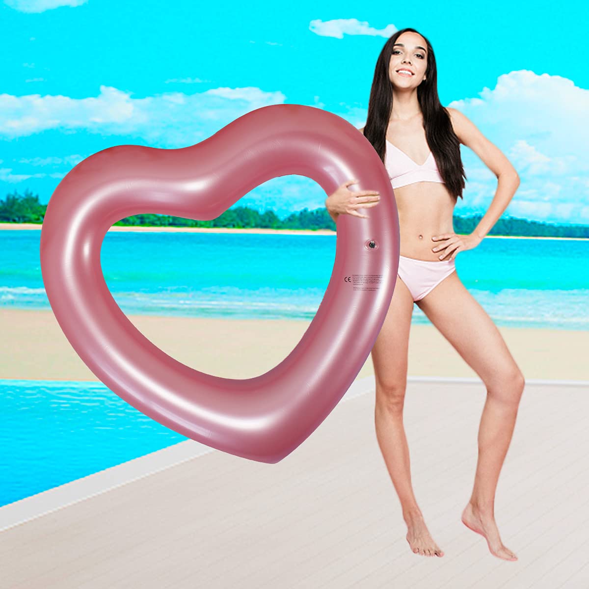 SUNSHINE-MALL Anneaux de Bain Gonflables, Tube de Chaises Longues Flotteur de Piscine en Forme de Coeur, Jouets de Fête de Plage pour Enfants, Adultes Or Rose