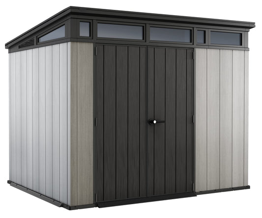 Keter Artisan 9x7 Foot Large Outdoor Shed with Floor with Modern Design for Patio Furniture, Lawn Mower, Tools, and Bike Storage, feet, Grey/Black